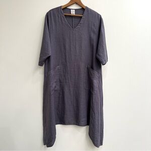 Match Point Lagenlook Linen Dress Pockets Gray 3/4 Sleeves Shark Bite Hem Small